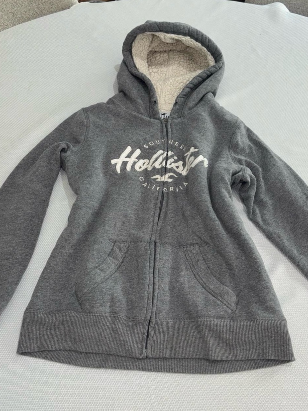 Hollister Gray Zip-Up Hoodie with Cream Sherpa Lining